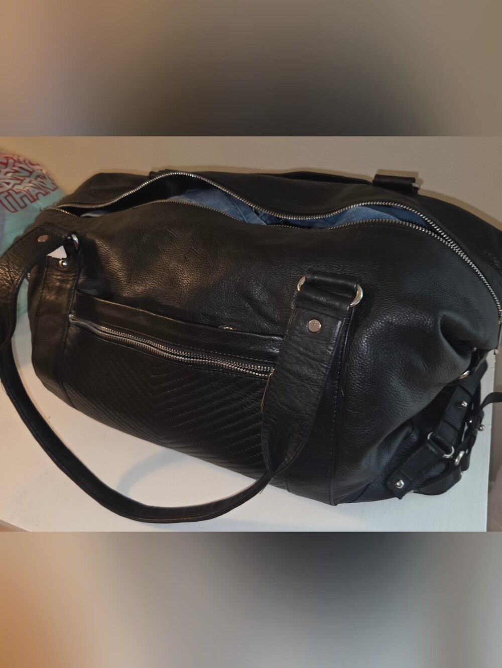 Joelle Hawkens Black Leather Chevron Quilted Duffle Weekender Bag